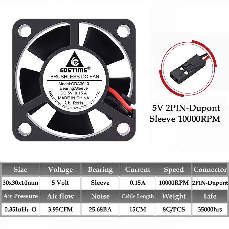 2PCS  Dual Ball Bearing DC 24V 12V 5V 3Cm 30Mm 30X30X10Mm 3010 Brushless Mini Cooler Cooling Fan