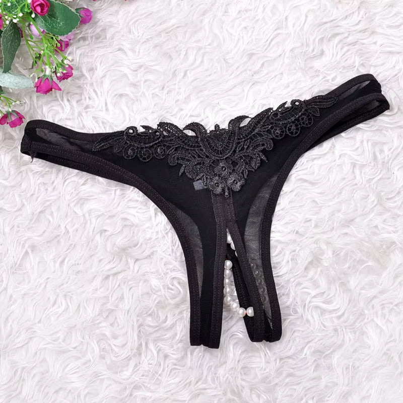 Women Low Waist Panties Lace G Strings Sexy Underwear Pearl Crotchless Briefs Female Lingerie Tanga