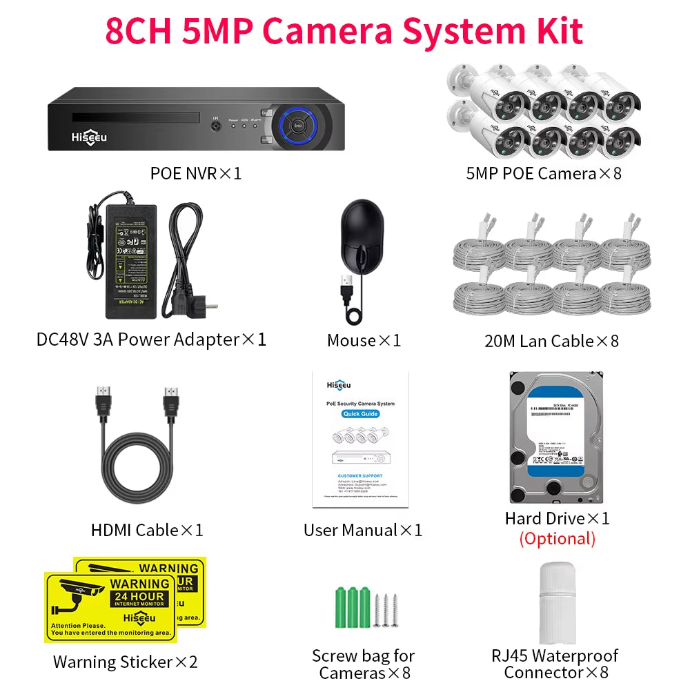 5MP 3MP 8CH POE NVR Video Audio Record ONVIF CCTV IP Security Surveillance Camera System Kit Set Outdoor House Waterproof