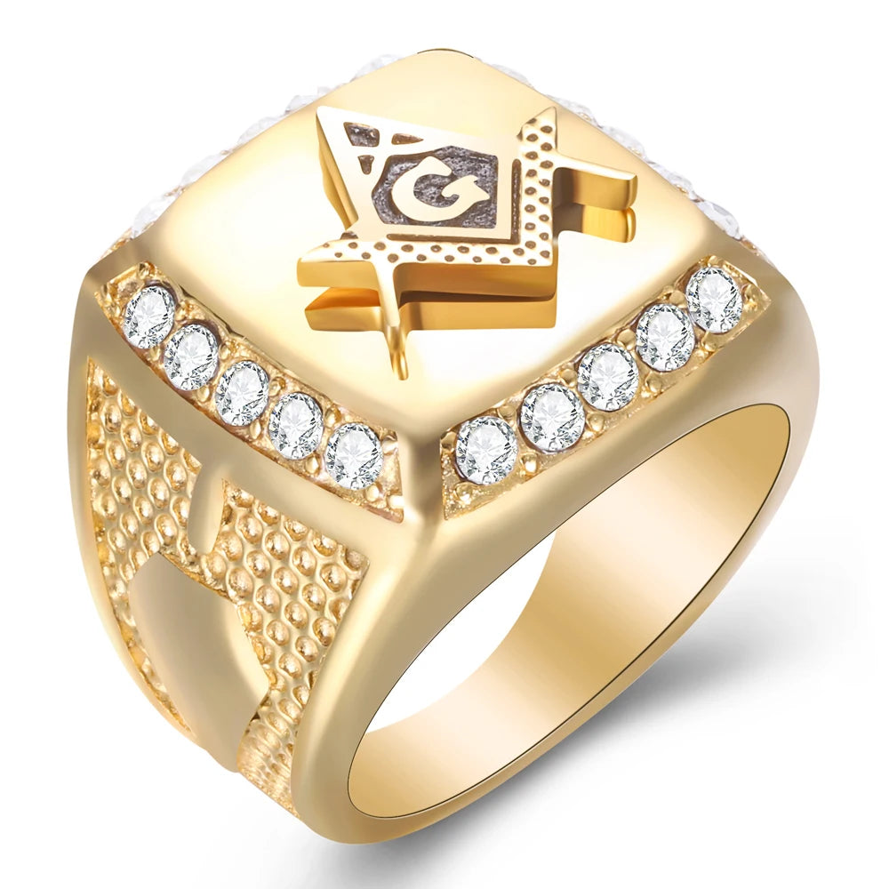 New Arrival Bling CZ Crystal Men Rings with Freemason Masonic Free Mason Signet 316L Stainless Steel Gold Color Jewelry for Men