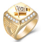 New Arrival Bling CZ Crystal Men Rings with Freemason Masonic Free Mason Signet 316L Stainless Steel Gold Color Jewelry for Men