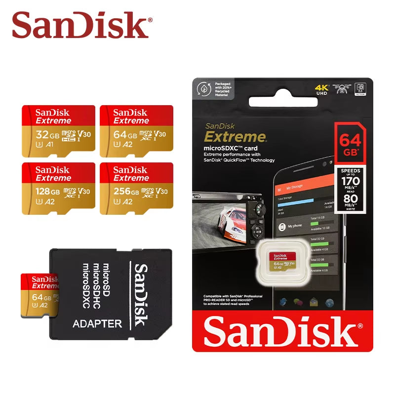 Micro SD Card Original Extreme A2 V30 U3 SDXC Flash 32GB 64GB 128GB 256GB Microsd Card 190Mb/S TF Card for Phone Tablet