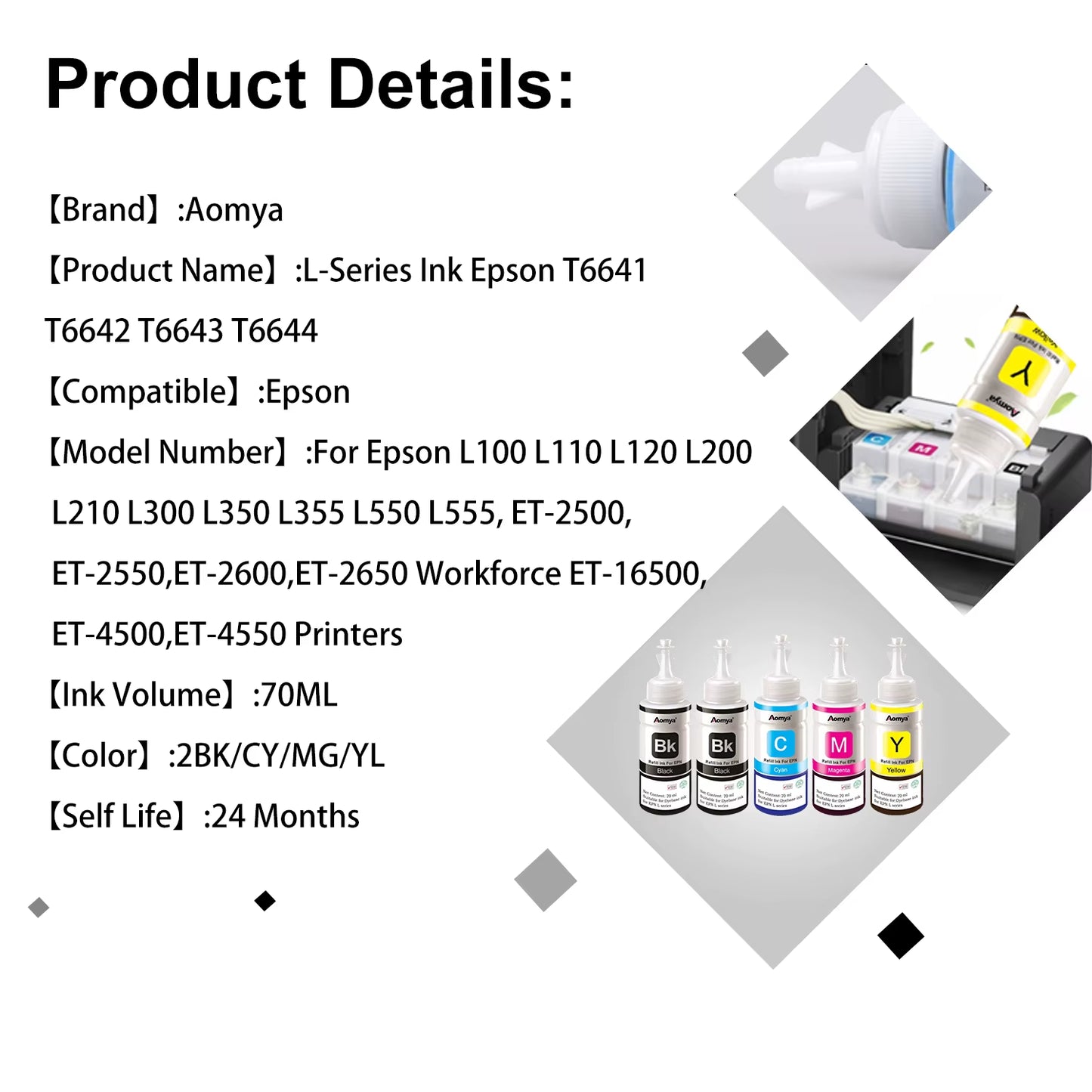 664 Refill Dye Ink for  L100 L110 L210 L120 L220 L310 L355 L362 L366 L365 L380 L486 L800 L805 L810 ET-2650 Printer 4 Colors