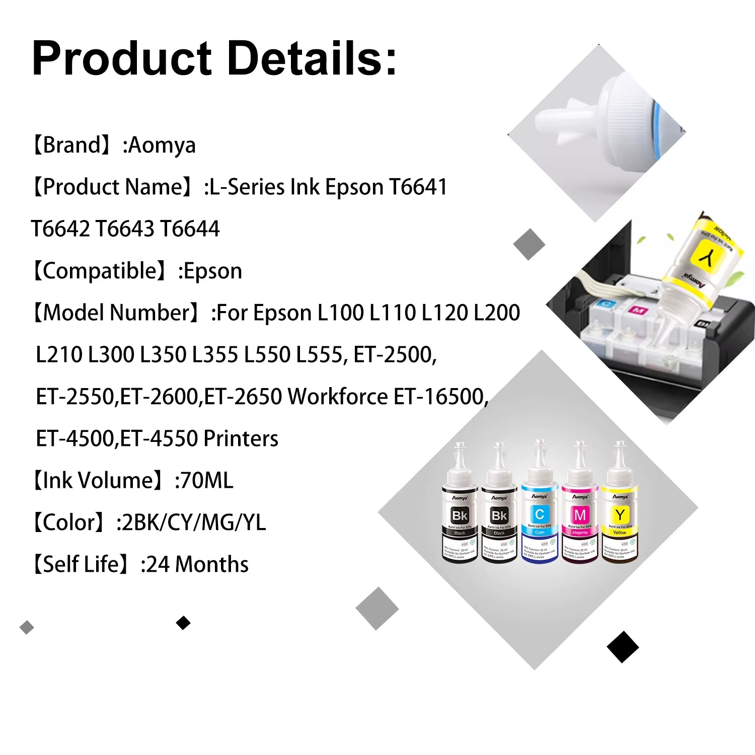 664 Refill Dye Ink for  L100 L110 L210 L120 L220 L310 L355 L362 L366 L365 L380 L486 L800 L805 L810 ET-2650 Printer 4 Colors