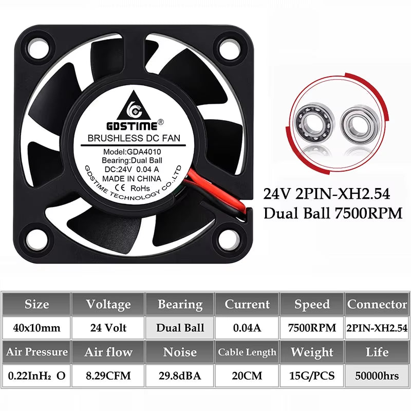 2Pcs  DC 24V 12V 5V 40Mm X 40Mm X 10Mm 2-Pin Ball Bearing Computer PC Case Cooling Fan 4010