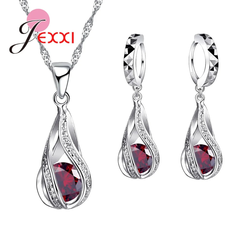 925 Sterling Silver Necklace Pendant Earrings Fashion Spiral Shaped White Crystal Jewelry Sets for Wholesale