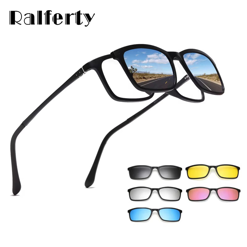Polarized Sunglasses Men Women 5 in 1 Magnetic Clip on Glasses TR90 Optical Prescription Eyeglass Frames Magnet Clips