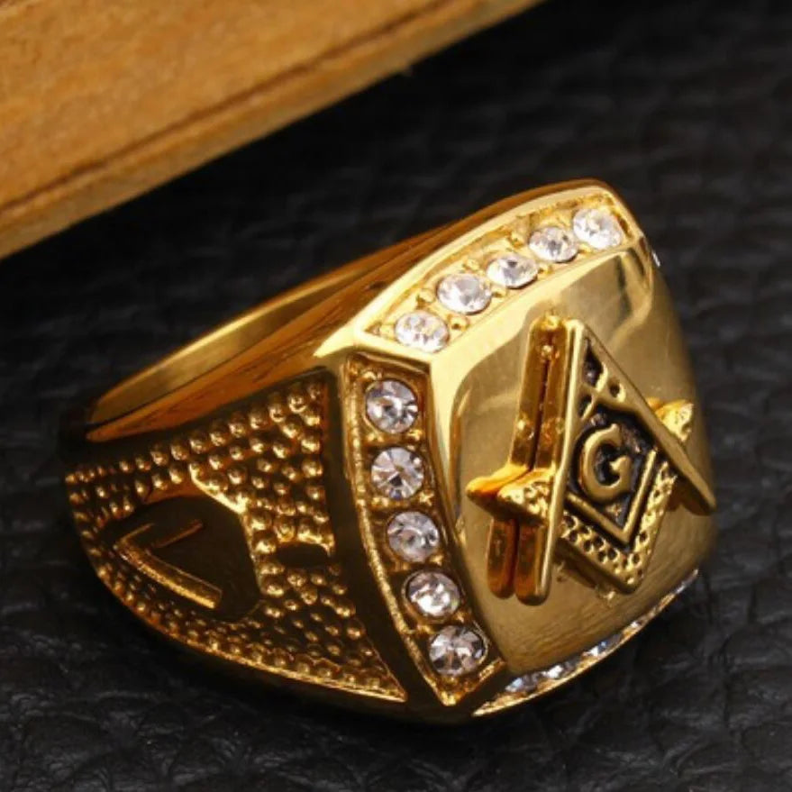 New Arrival Bling CZ Crystal Men Rings with Freemason Masonic Free Mason Signet 316L Stainless Steel Gold Color Jewelry for Men