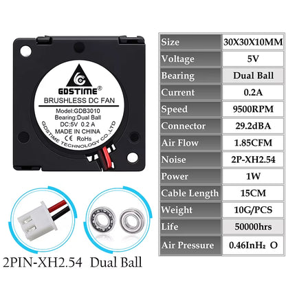 2 Pieces  DC 5V 12V 24V 30X30X10Mm Sleeve Dual Ball 1 Inch Small Mini Blower Cooling Fan 30Mm X 10Mm 3Cm 3010 3D Printer