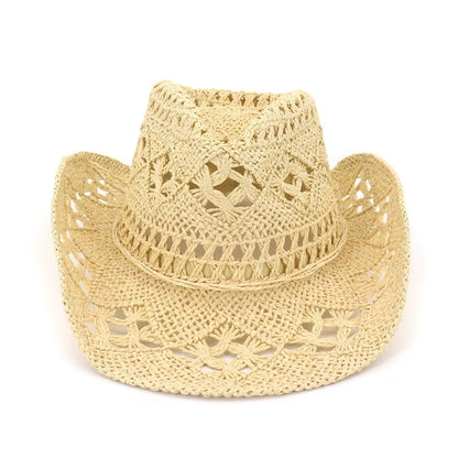 Summer Outdoor Men Women Hand-Woven Western Cowboy Paper Straw Hats Wide Brim Breathable Beach Jazz Cap Sun Protection Hat