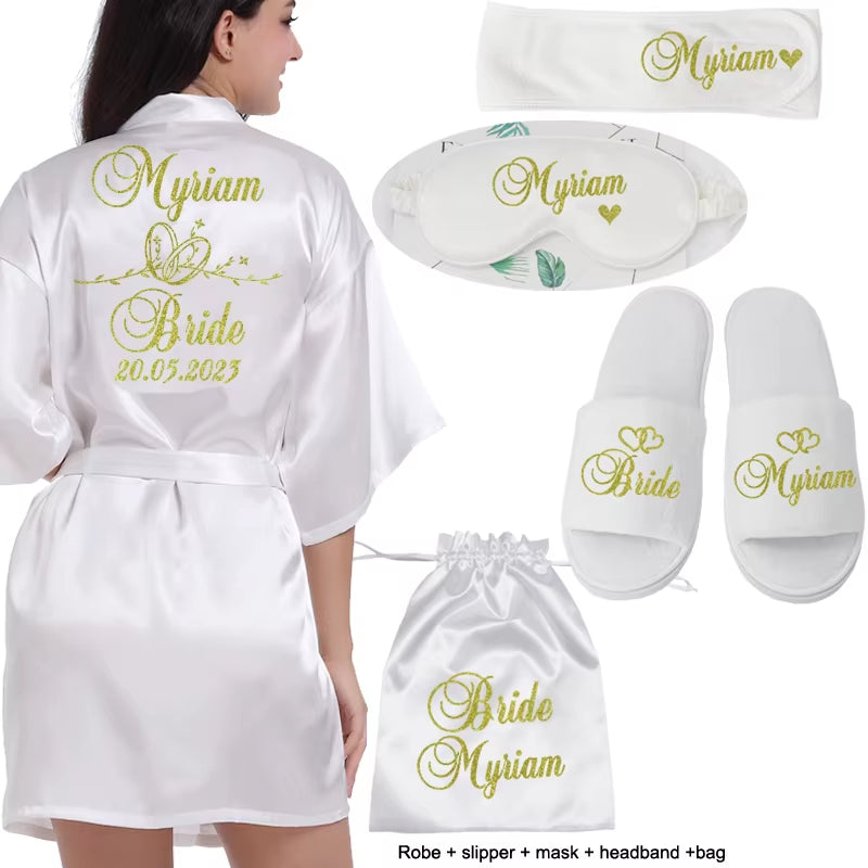 Customized Logo Wedding Date Name Bathrobe Faux Silk Bridal Robe Bride Bridesmaid Wedding Robes Woman Bachelorette Preparewear