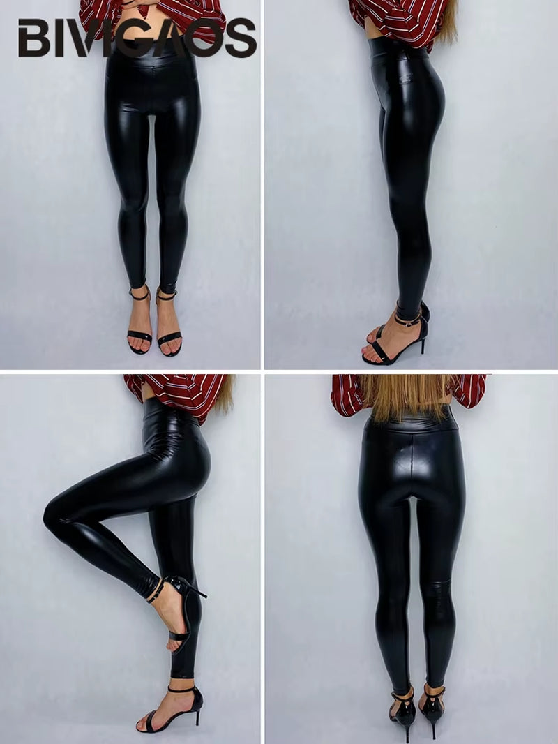 Fashion Women PU Leather Pants Elastic High Waist Winter Leggings Slim Velvet Leather Leggings Skinny Fleece Trousers