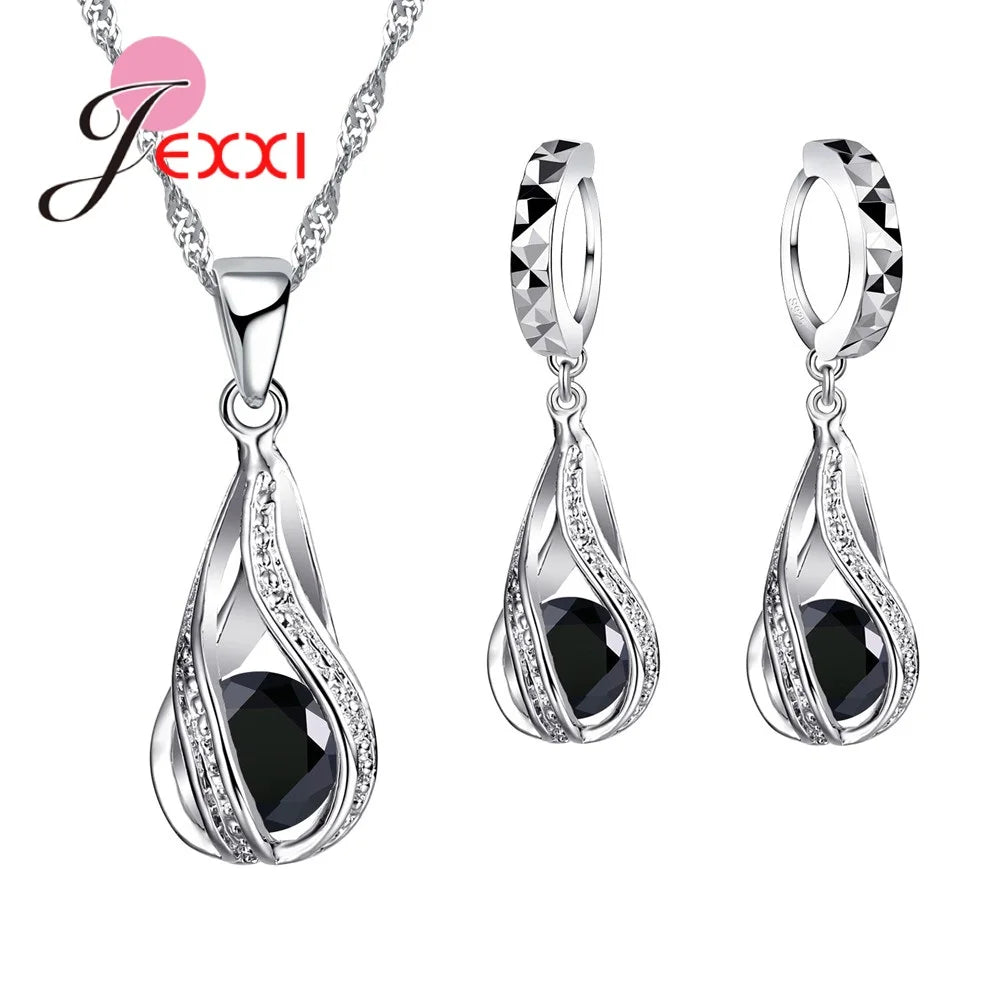 925 Sterling Silver Necklace Pendant Earrings Fashion Spiral Shaped White Crystal Jewelry Sets for Wholesale