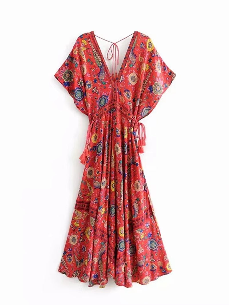 Vintage Chic Women Peacock Floral Print Bat Sleeve Beach Bohemian Maxi Dresses Robe Ladies V-Neck Tassel Summer Boho Dress