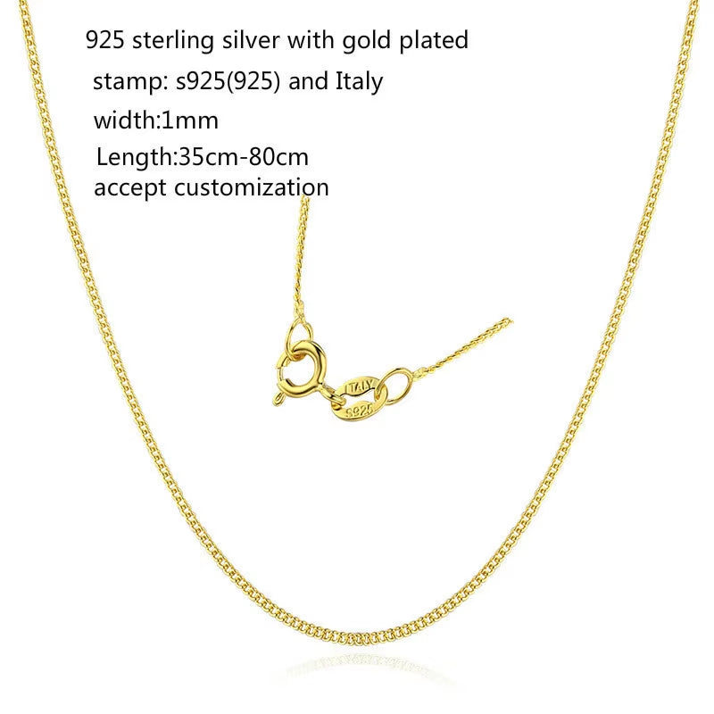 35Cm-80Cm 1Mm Thin 925 Sterling Silver Yellow Gold Colour Curb Chain Choker Necklaces Women Girls Jewelry Kolye Collares Collier