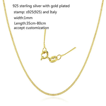 35Cm-80Cm 1Mm Thin 925 Sterling Silver Yellow Gold Colour Curb Chain Choker Necklaces Women Girls Jewelry Kolye Collares Collier