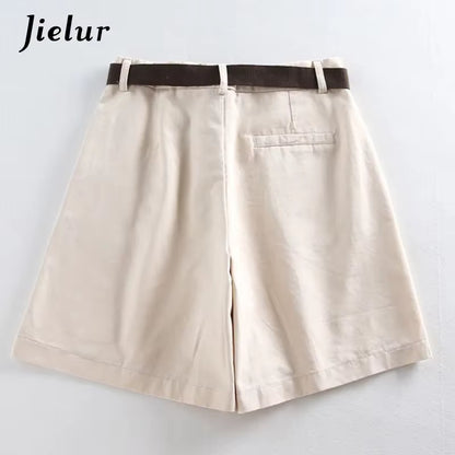 Shorts All-Match 4 Solid Color Sashes Casual Shorts Women A-Line High Waist Slim Short Femme Chic S-XXL Ladies Bottom