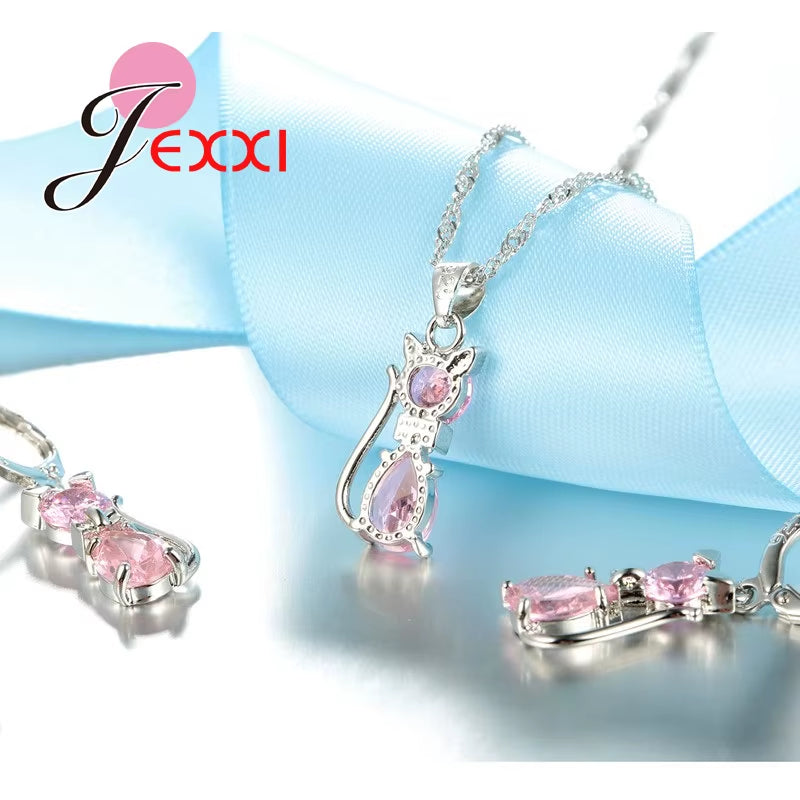 Fast Shipping Retail Romantic Engagement Silver Cute Cat Jewelry Sets Necklace Earrings with Austrian Crystal for Women