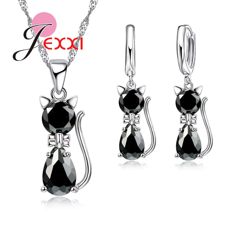 Fast Shipping Retail Romantic Engagement Silver Cute Cat Jewelry Sets Necklace Earrings with Austrian Crystal for Women