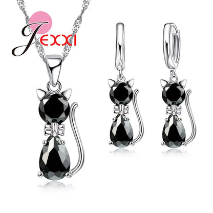 Fast Shipping Retail Romantic Engagement Silver Cute Cat Jewelry Sets Necklace Earrings with Austrian Crystal for Women