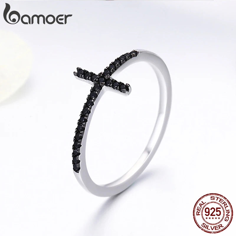 Popular 925 Sterling Silver Faith Cross Shape Finger Rings for Women ,Black Clear CZ Sterling Silver Jewelry Gift SCR067