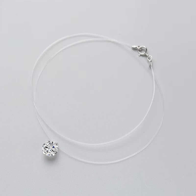 925 Sterling Silver Zircon Crystal Pearl Pendant Choker Necklace Transparent Fishing Line 2020 Fine Jewelry for Women