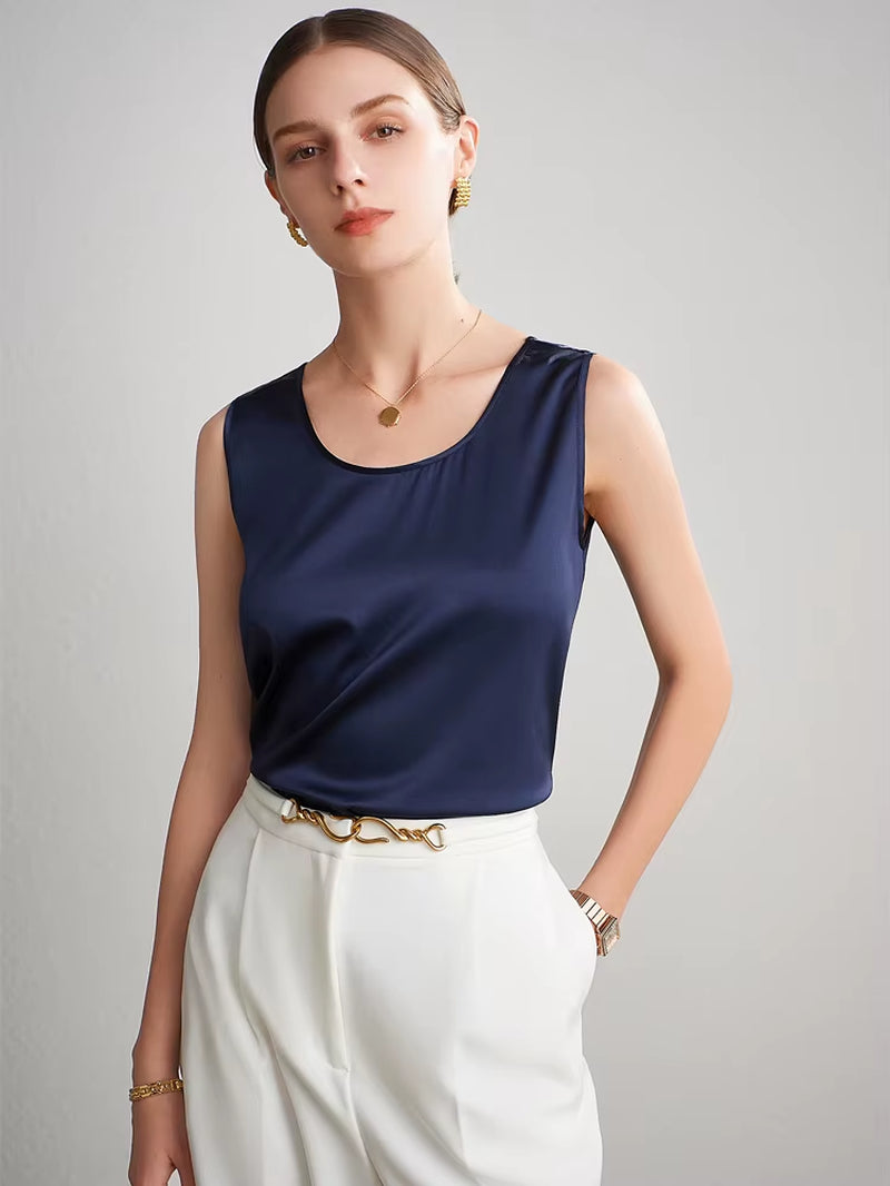 . Women Basic Cozy Tanks, 100%Real Silk, O Neck Sleeveless Chic T Shirt, 2025 Solid Summer Vests, White, Pink, Beige
