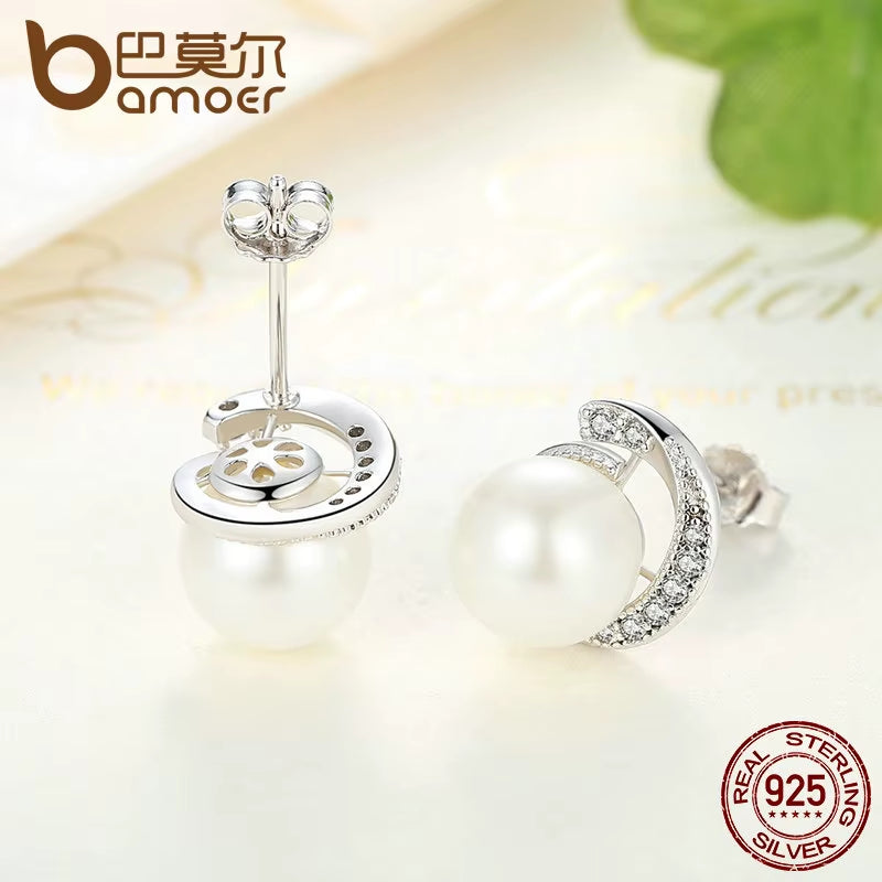 Pearl Earrings Jewelry 925 Sterling Silver White Pearl Push-Back Stud Earrings for Women Fashion Jewelry SCE021