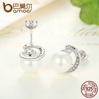 Pearl Earrings Jewelry 925 Sterling Silver White Pearl Push-Back Stud Earrings for Women Fashion Jewelry SCE021