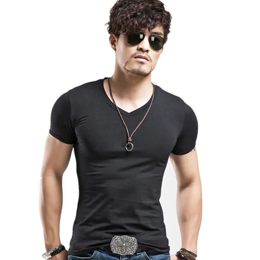 2025 Brand New Men T Shirt Tops V Neck Short Sleeve Tees Men'S Fashion Fitness Hot T-Shirt for Male Man T-Shirt Size 5XL