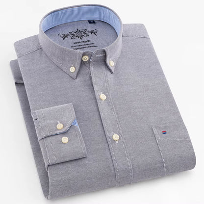 Men'S Long Sleeve Oxford Plaid Striped Work Casual Shirt with Pocket, Spring Autumn Cotton Blend Regular-Fit Button-Down Shirts