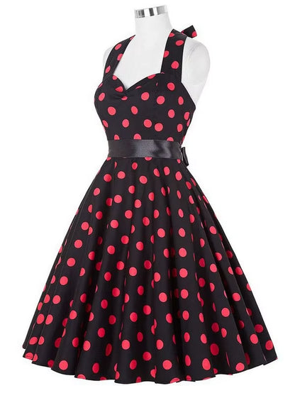 Polka Dot Dress Women Vintage Swing Halter Belt 50S 60S Rockabilly Prom Party Dresses Retro Feminino Vestidos