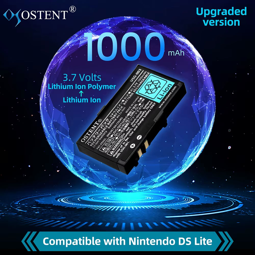 Real Capacity 1000Mah 3.7V Rechargeable Lithium Battery+Tool Kit for Nintendo DSL NDS Lite Gamepad Replacement Battery
