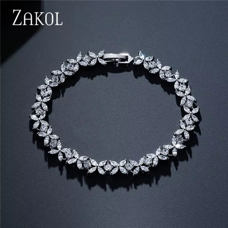 Classic White Marquise Cut Cubic Zircon Chain & Link Bracelets Bangles Flower Bridal Wedding Jewelry for Women BP094