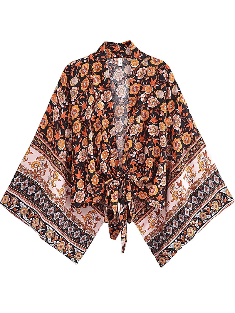 Boho Vintage Floral Print Beach Summer Short Kimono Women Fashion Ladies Casual V Neck Batwing Sleeves Bohemian Cover-Ups