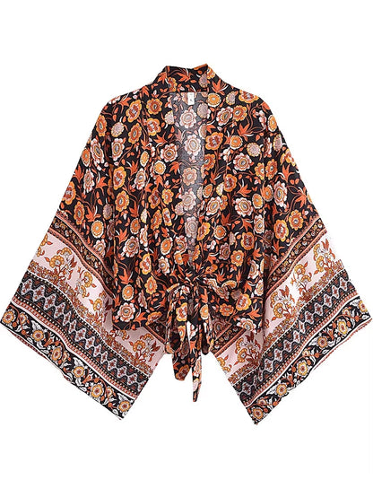 Boho Vintage Floral Print Beach Summer Short Kimono Women Fashion Ladies Casual V Neck Batwing Sleeves Bohemian Cover-Ups