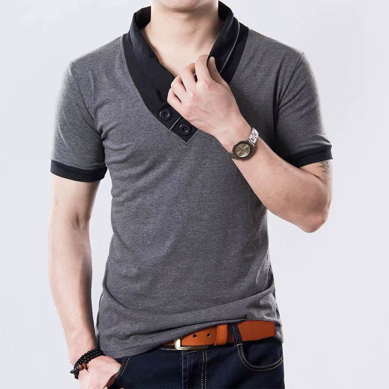 New plus Size Summer Mens T-Shirts Fashion 2025 Slim Short Sleeve Patchwork V Neck Cotton Black T Shirt Men Button Tops & Tees