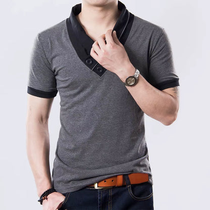 New plus Size Summer Mens T-Shirts Fashion 2025 Slim Short Sleeve Patchwork V Neck Cotton Black T Shirt Men Button Tops & Tees