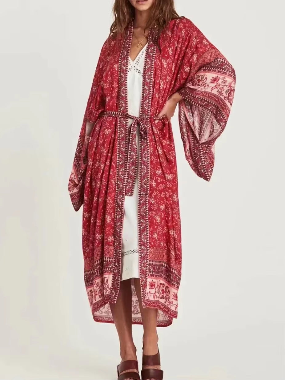 Vintage Chic Women Floral Print Batwing Sleeve Beach Bohemian Kimono Dress Ladies V Neck Summer Boho Robe Cover-Ups Vestidos