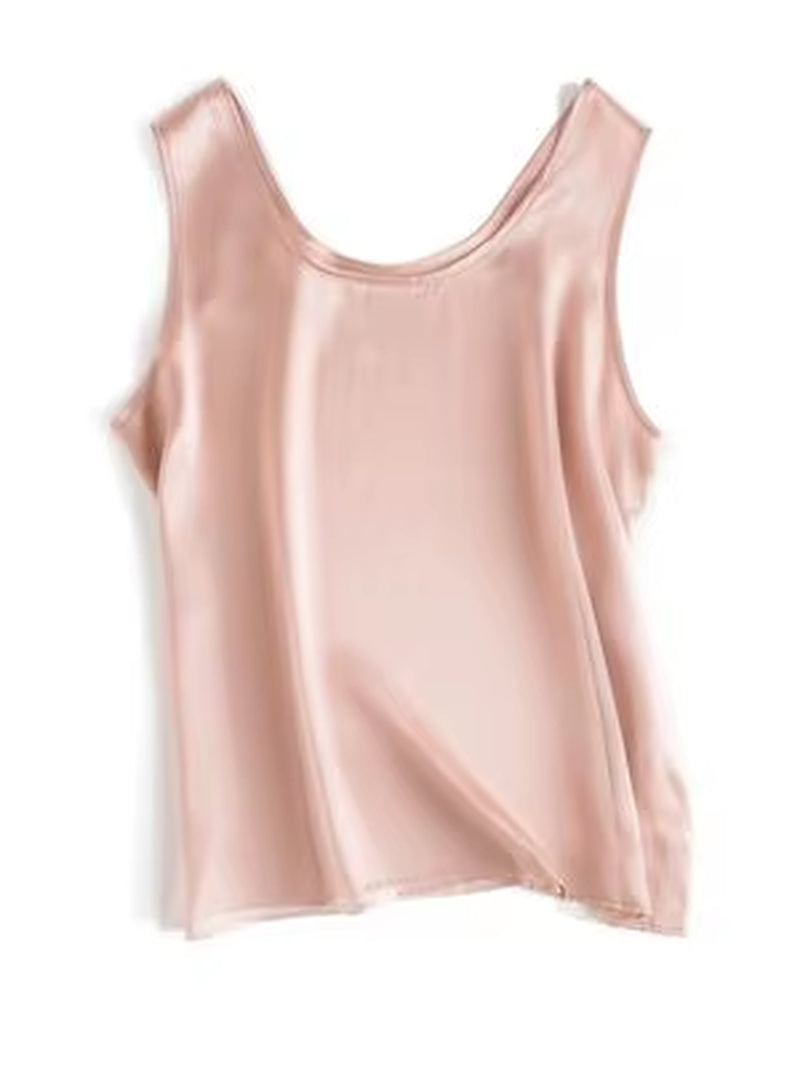 . Women Basic Cozy Tanks, 100%Real Silk, O Neck Sleeveless Chic T Shirt, 2025 Solid Summer Vests, White, Pink, Beige