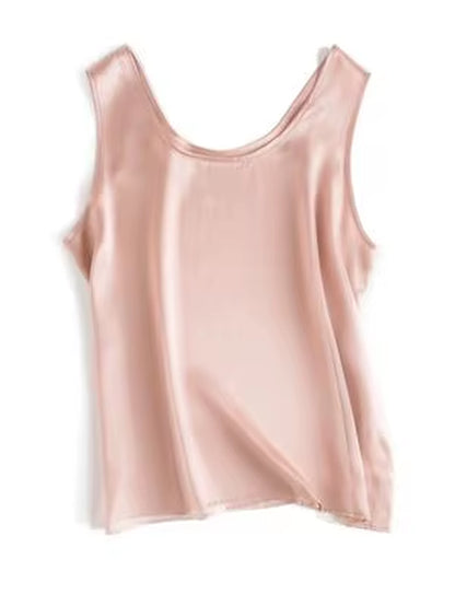 . Women Basic Cozy Tanks, 100%Real Silk, O Neck Sleeveless Chic T Shirt, 2025 Solid Summer Vests, White, Pink, Beige