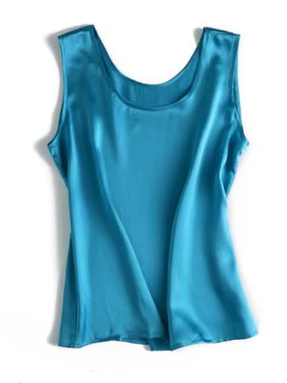 . Women Basic Cozy Tanks, 100%Real Silk, O Neck Sleeveless Chic T Shirt, 2025 Solid Summer Vests, White, Pink, Beige