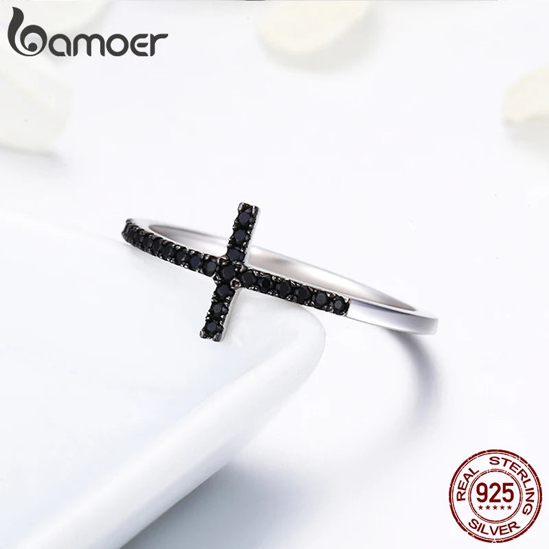 Popular 925 Sterling Silver Faith Cross Shape Finger Rings for Women ,Black Clear CZ Sterling Silver Jewelry Gift SCR067