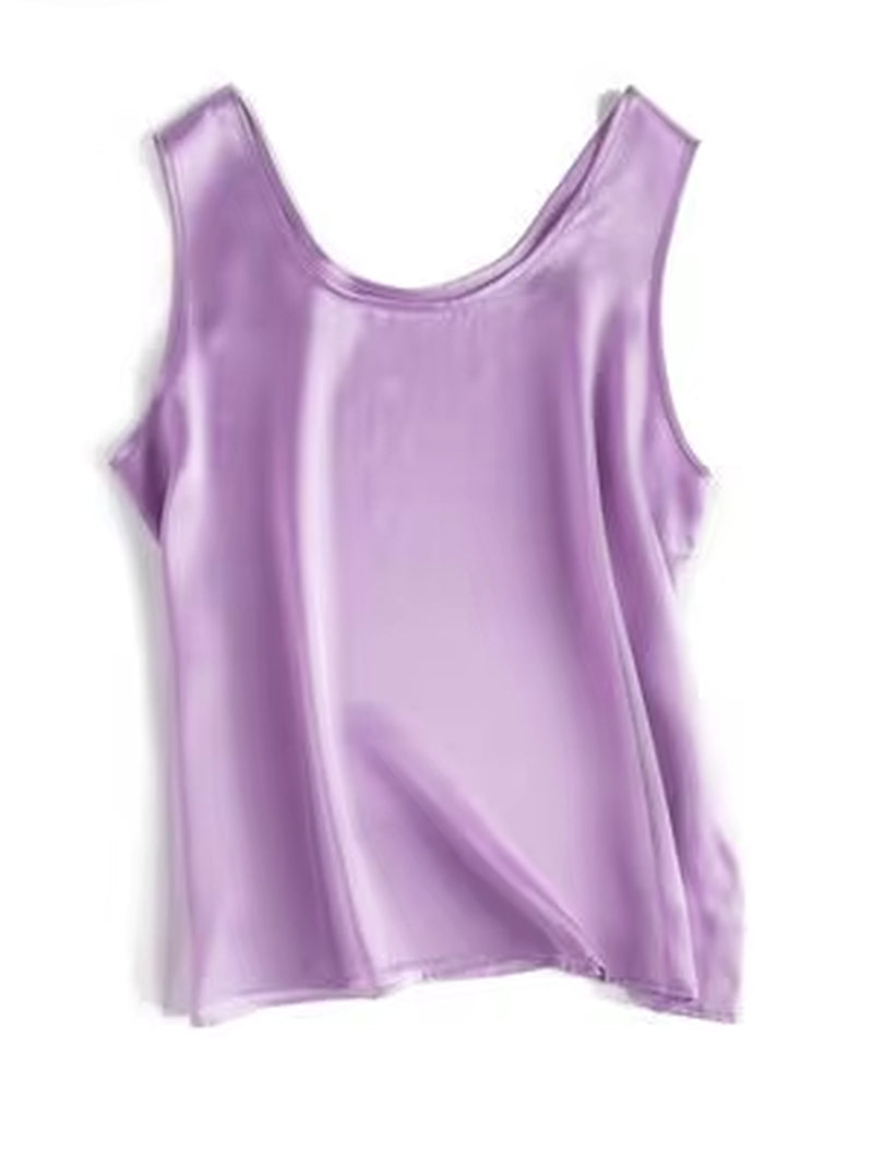 . Women Basic Cozy Tanks, 100%Real Silk, O Neck Sleeveless Chic T Shirt, 2025 Solid Summer Vests, White, Pink, Beige