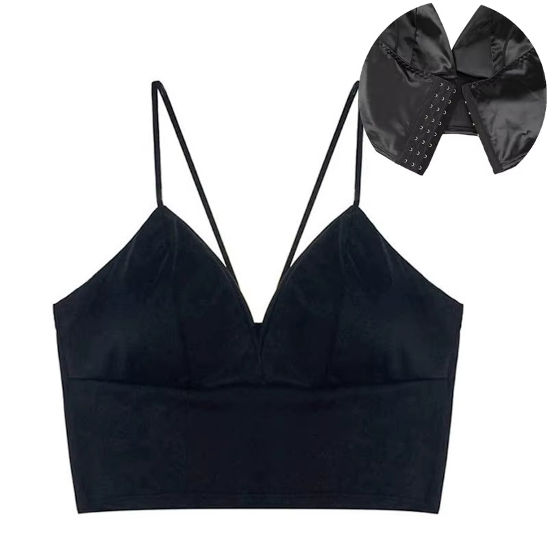 Sexy Satin Crop Tops Women Wireless Bralette Crochet Top Female Spaghetti Strap T-Shirt Cropped with Chest Padded Camisole Camis