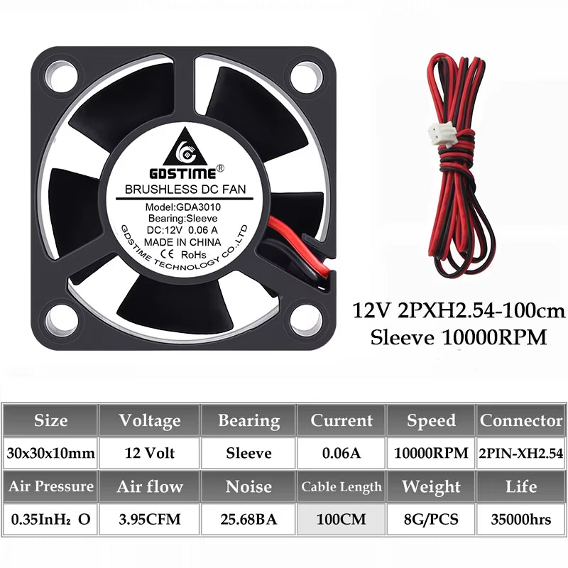 2PCS  Dual Ball Bearing DC 24V 12V 5V 3Cm 30Mm 30X30X10Mm 3010 Brushless Mini Cooler Cooling Fan