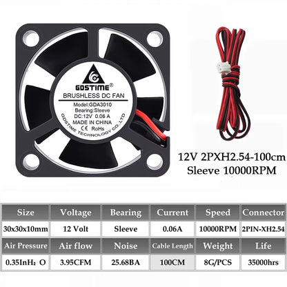2PCS  Dual Ball Bearing DC 24V 12V 5V 3Cm 30Mm 30X30X10Mm 3010 Brushless Mini Cooler Cooling Fan