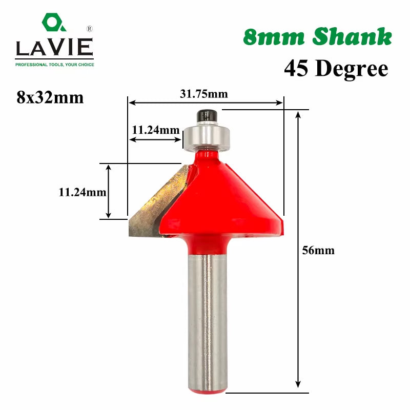 LAVIE 1Pc 8Mm Shank 45 Degree Chamfer Edge Forming Router Bit Bevel Flush Trim Bit Woodworking Milling Cutter Bits MC02021