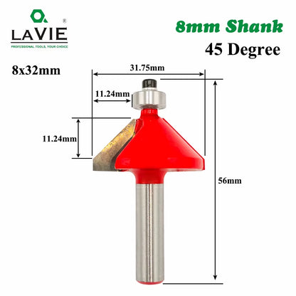 LAVIE 1Pc 8Mm Shank 45 Degree Chamfer Edge Forming Router Bit Bevel Flush Trim Bit Woodworking Milling Cutter Bits MC02021