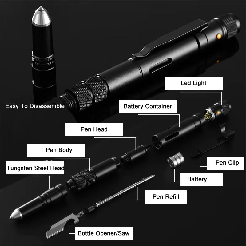 4-In-1 Portable Tactical Pen Flashlight Bottle Opener Emergency Glass Breaker Outdoor Self Defense EDC Pen Tool Gift Box